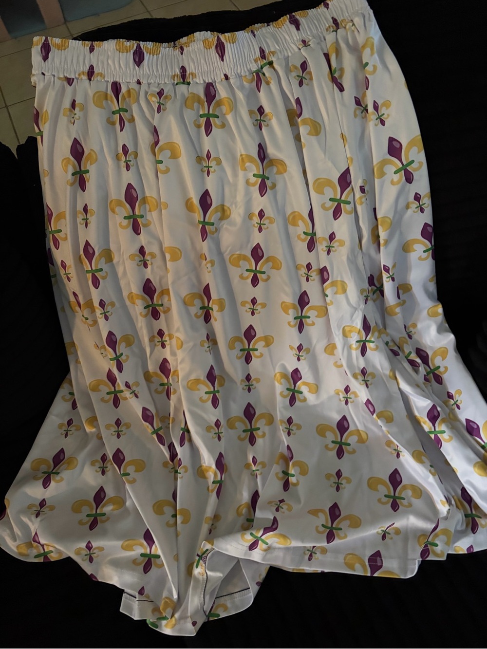White Printed Midi Skirt with Purple & Gold Fleur-de-lis Mardi Gras